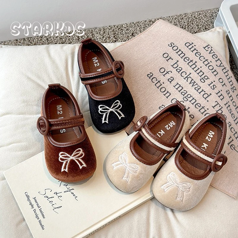 Chic Bowknot Embroidery Shoes Kids Girls Vintage Velour Ballet Flats Baby Child Soft Sole Brand Design Velvet Mary Jane Zapatos