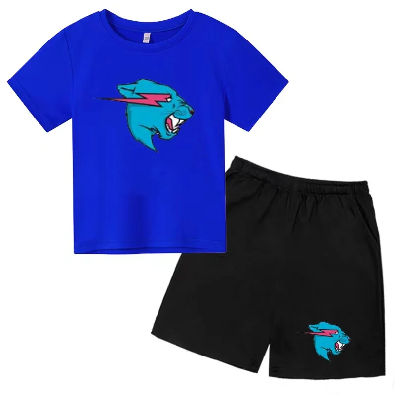 Kids Charming Animal Head Image Print T-shirt Clothing Summer Short-sleeved+Shorts Boy Girl 3-12 Years Fashion Casual Sports Set