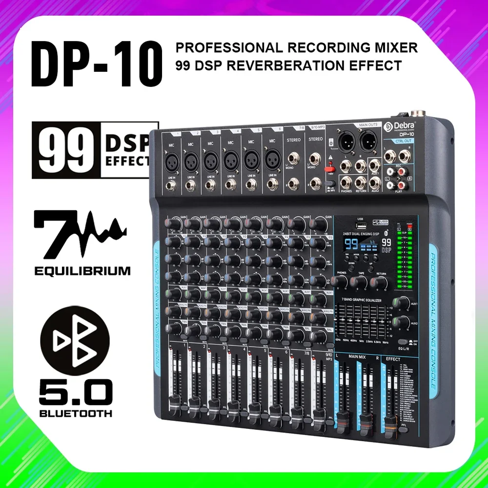 

99 DSP FP-10 Аудиомикшер DJ-контроллер 10-канальный микшер записи реверберации с Bluetooth 5.0 Профессиональная производительность