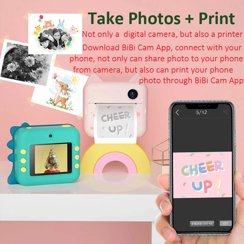 Instant Print Camera voor kinderen Verjaardagscadeau 12MP Cartoon Leuke foto Video Digitale camera met thermisch printpapier