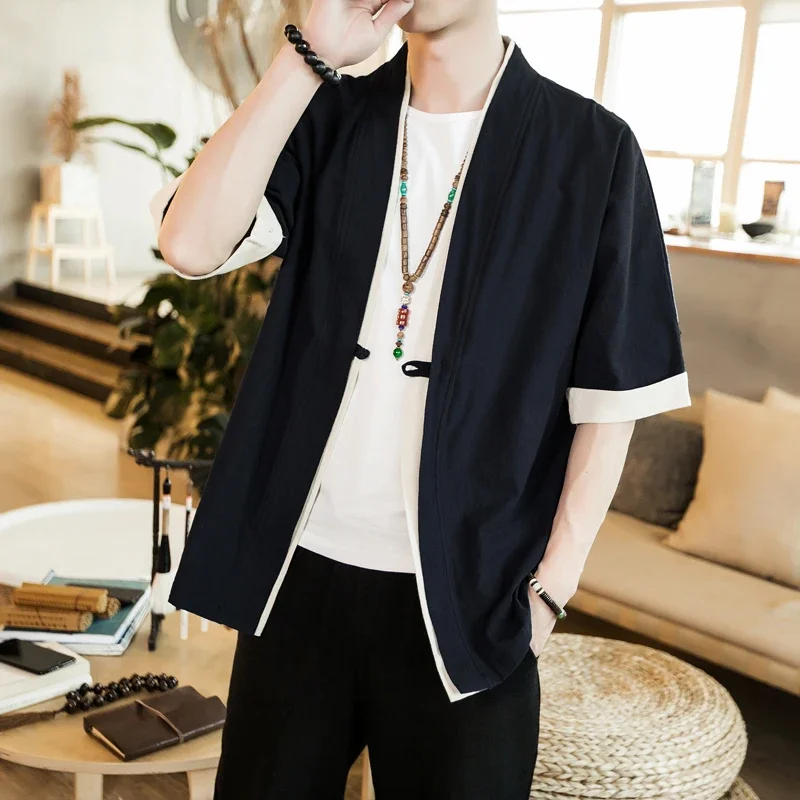 Summer Men's Kimono Jackets Cardigan Lightweight Casual Cotton Blends Linen Seven Sleeves Open Front Hanfu Coat
