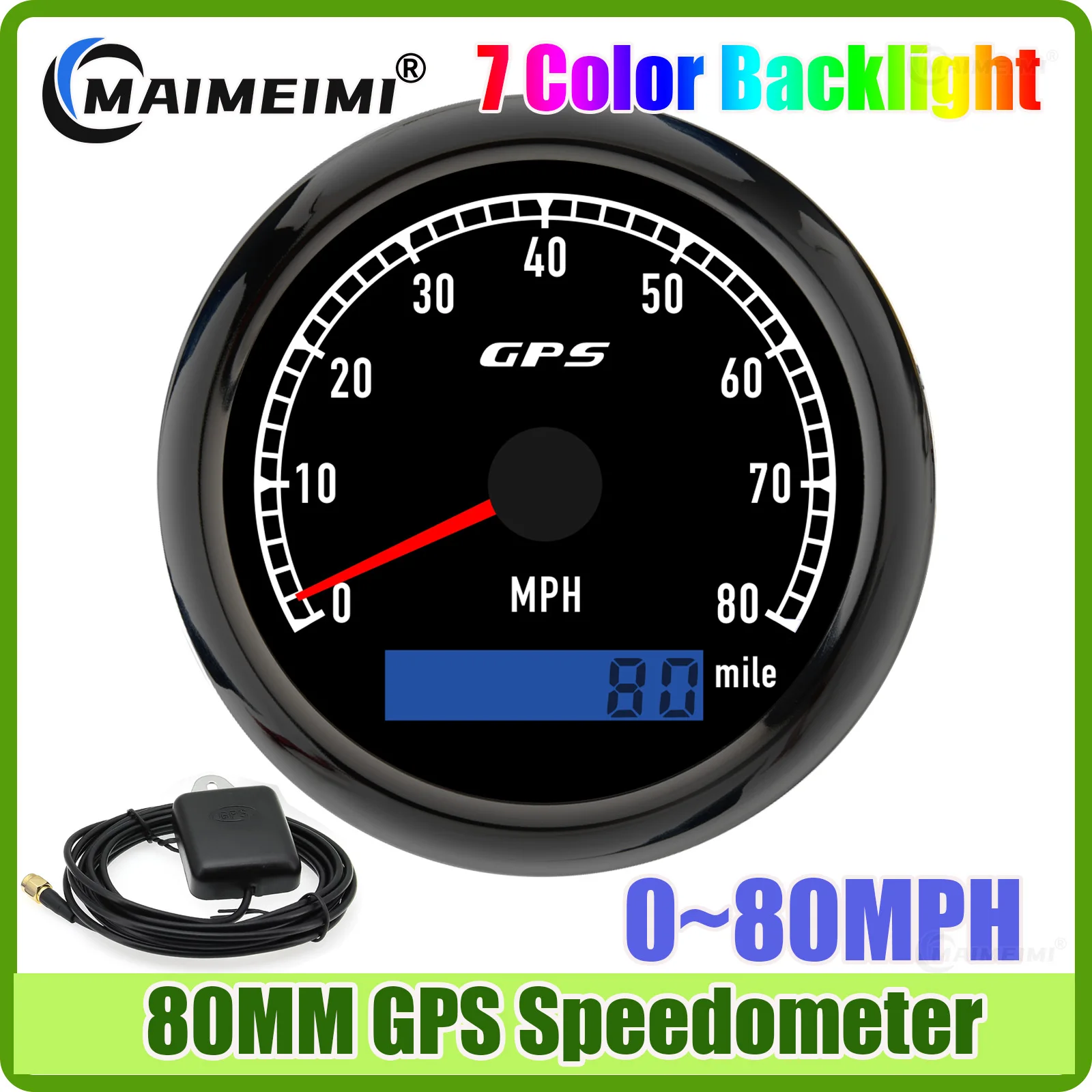 0-80MPH 80MM GPS Speedometer with GPS Antenna 7 Color Backlight Odometer for Marine Boat Yacht ATV Car Motorcycle Waterproof