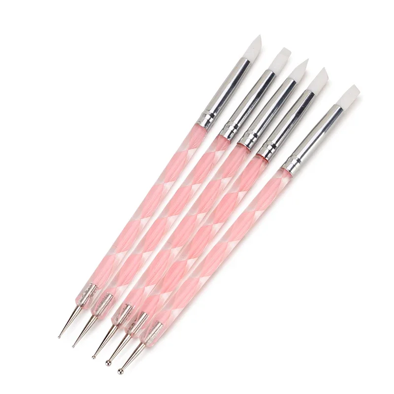 5Pcs 2 Way Nail Art Acrylic Silicone Point Flower Nail Pen Stainless Steel Dotting Tools Marbleizing Painting Pens