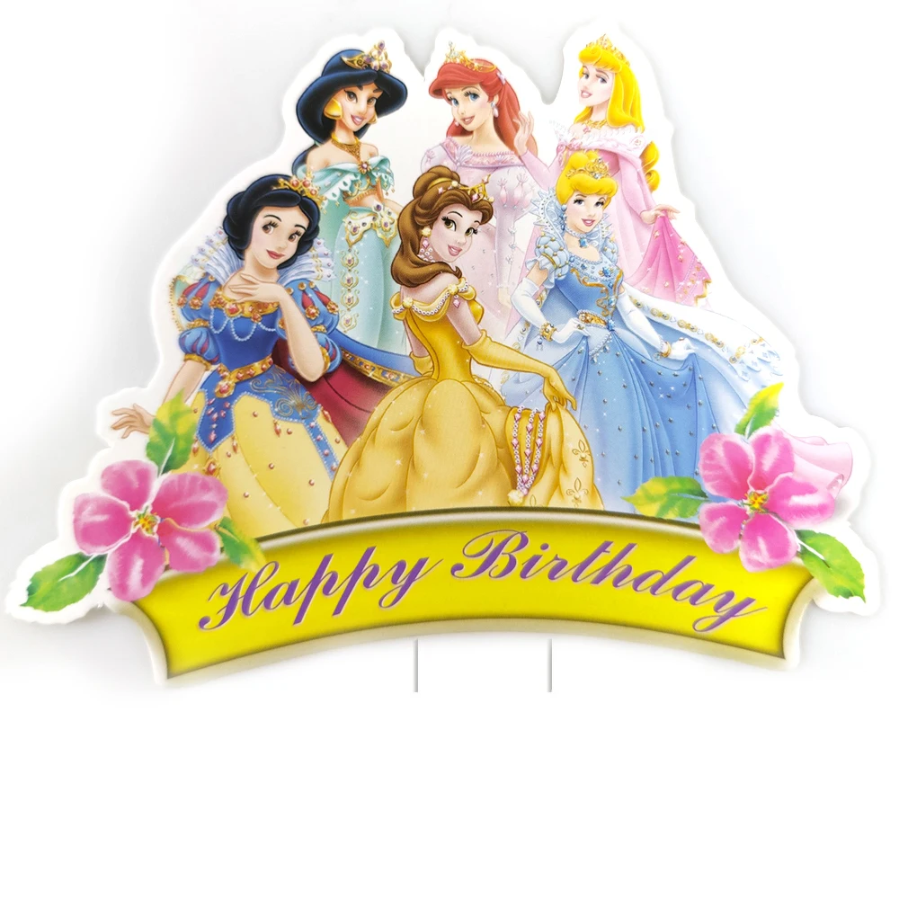 1pcs/lot Happy Birthday Events Party Baby Girls Favors Disney Princess Cake Card Wtih Sticks Decorations Cupcake Toppers