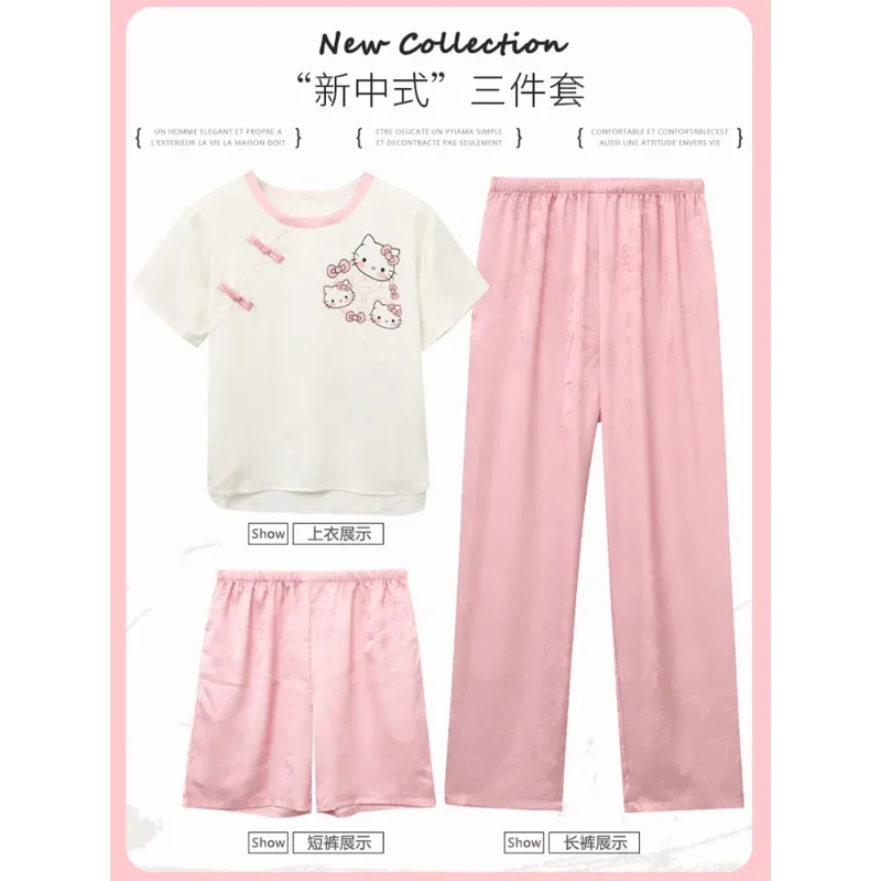 Sanrio-Pijama de seda de Hello Kitty para mujer, ropa de dormir de dibujos animados, informal, cómoda, fresca, transpirable, ligera, para el hogar