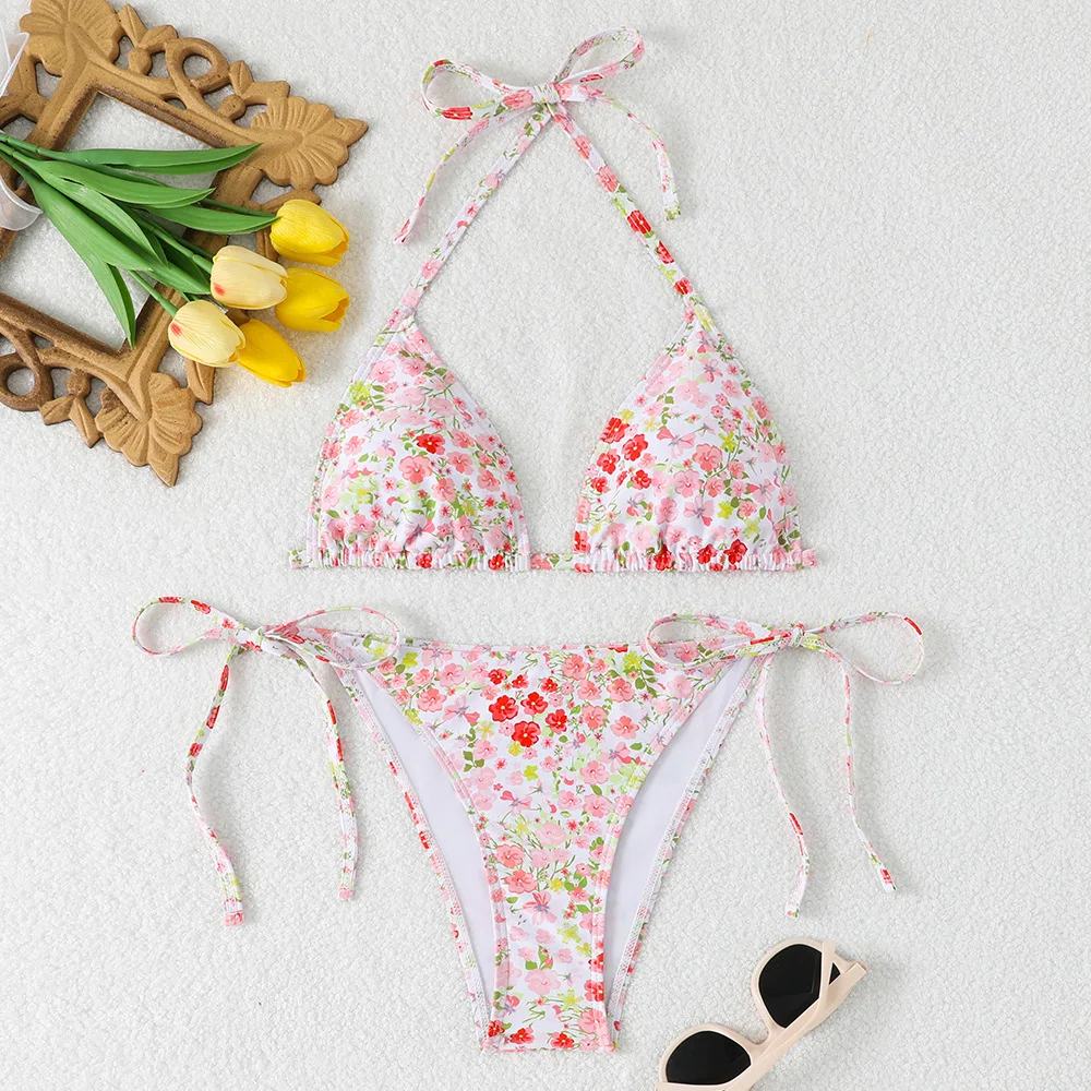 

sexy flower fruit print micro bikinis sets two pieces halter back tie thong swimsuits bathing suit swimwear tankini biquini