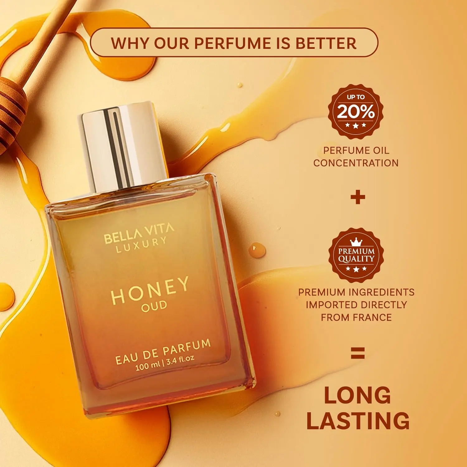 بيلا فيتا عطر عسل العود الفاخر 100 مل - عطر فانيليا كهرمان حلو دافئ يدوم طويلاً للجنسين، هدية لعيد الهالوين