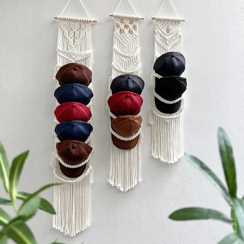 

Nordic Style Boho Cotton Hanging Caps Holder Organizer Display Hat Scarf Organizer Rack Tapestry Hat Hanger Wall Storage