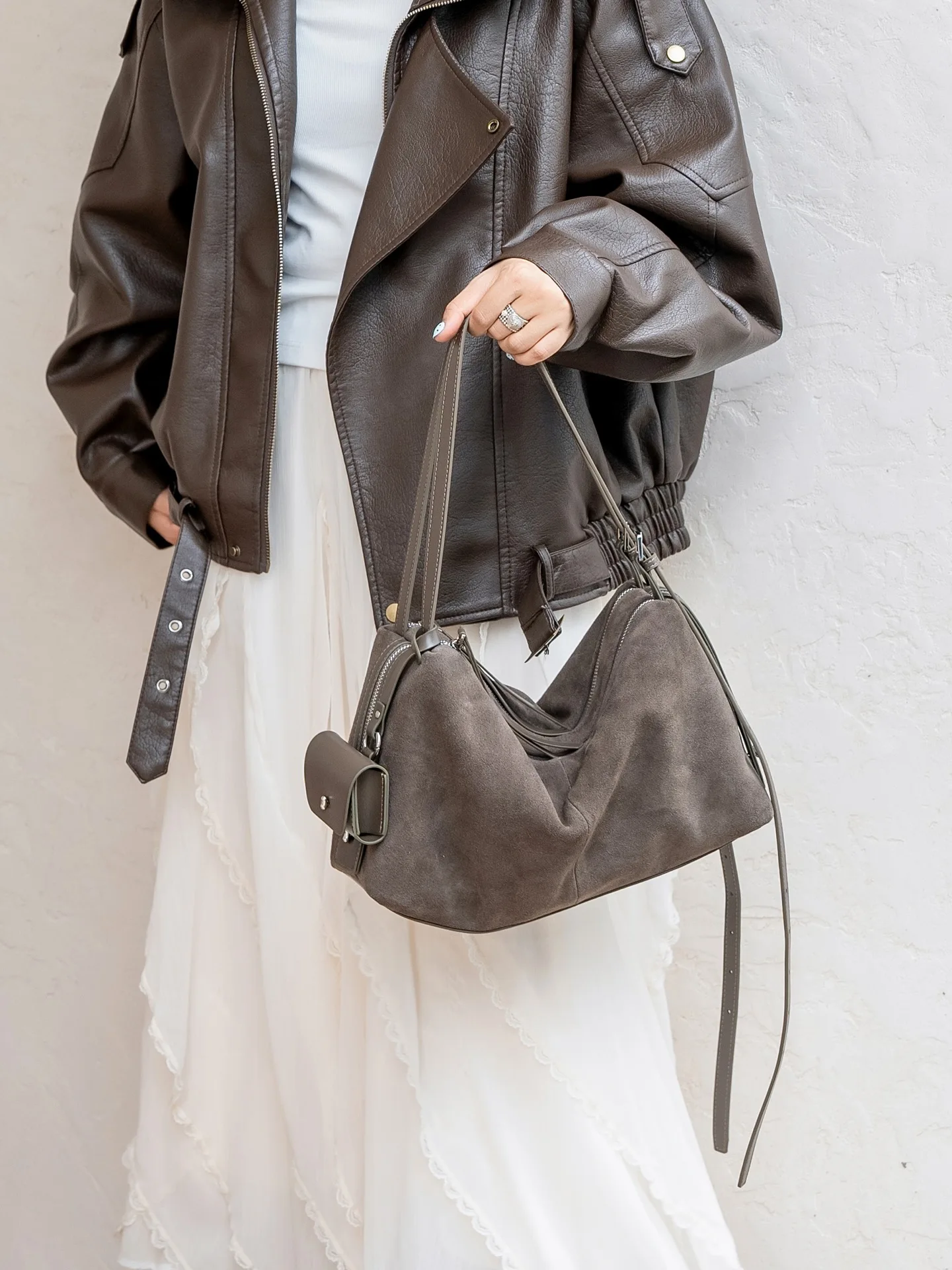 Matte Cowhide Tote Bag For Women, Large Capacity Commute Underarm Shoulder Bag, Boston Pillow Bowling Crossbody Bag