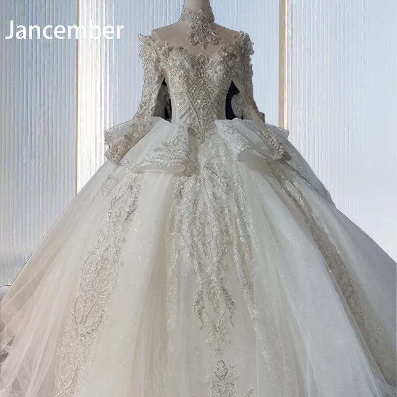 Jancember Sequins Ball Gown O-Neck Full Sleeves Beading Lace Up Crystal Princess Wedding Dress With Neck Accessories XS010