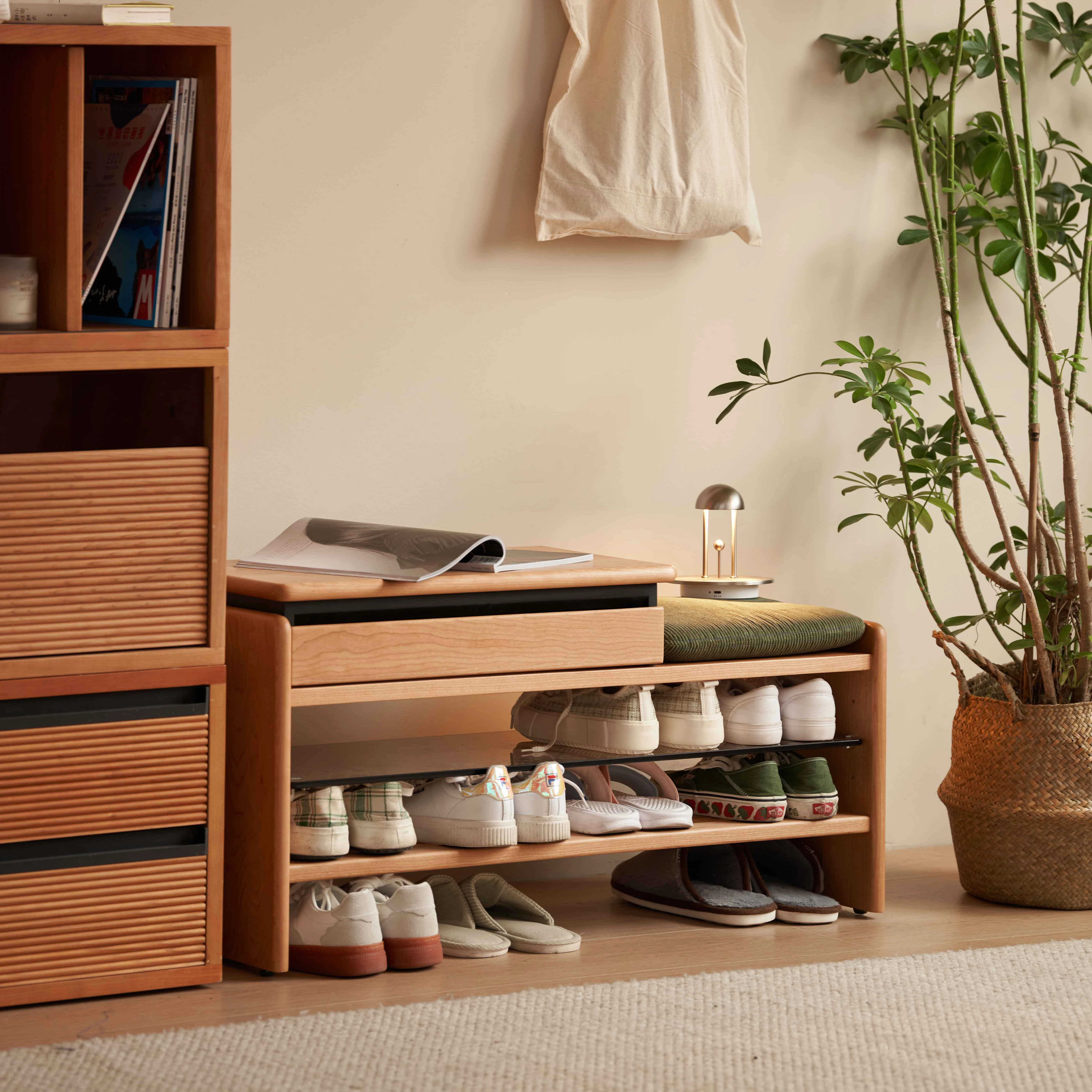Half House Modern Style Solid Wood Durable Shoe Changing Stool With Large Storage Shoe Rack And Bench