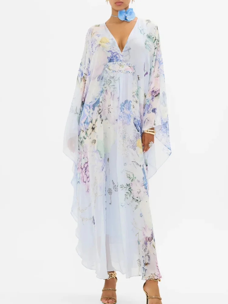 

Floral Printed Robe for Women Beaded Flare Sleeve V-Neck Holiday 100% Silk Maxi Dress