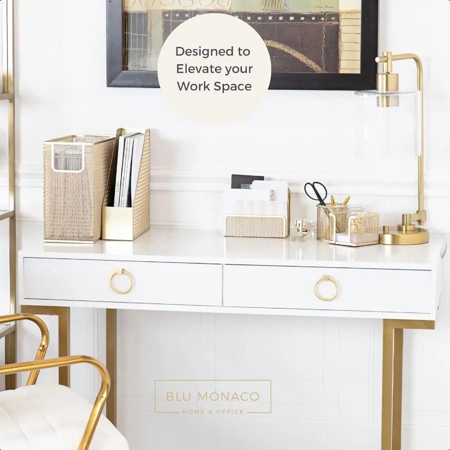 مجموعة إكسسوارات مكتب ذهبية مكونة من 5 قطع لتنظيم المكتب باللون الذهبي مع حامل ملفات معلق وإكسسوارات مكتب ذهبية للنساء