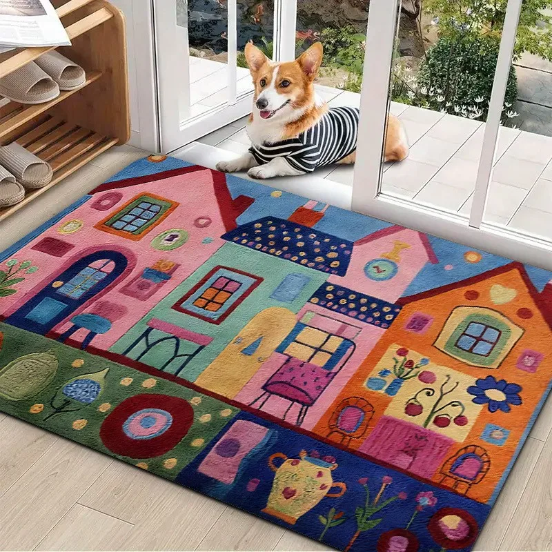 Minimalist Line Drawing Black Cat Wagging Tail Print Decor Entrance Carpet, Simple Cartoon For Family Vestibule