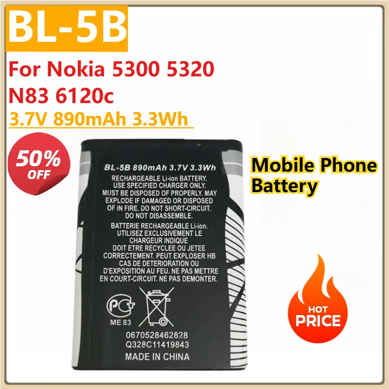 

Replacement Mobile Phone Battery BL-5B 3.7V 890mAh 3.3Wh For Nokia 5300 5320 N83 6120c Speaker Elderly Machine Radio