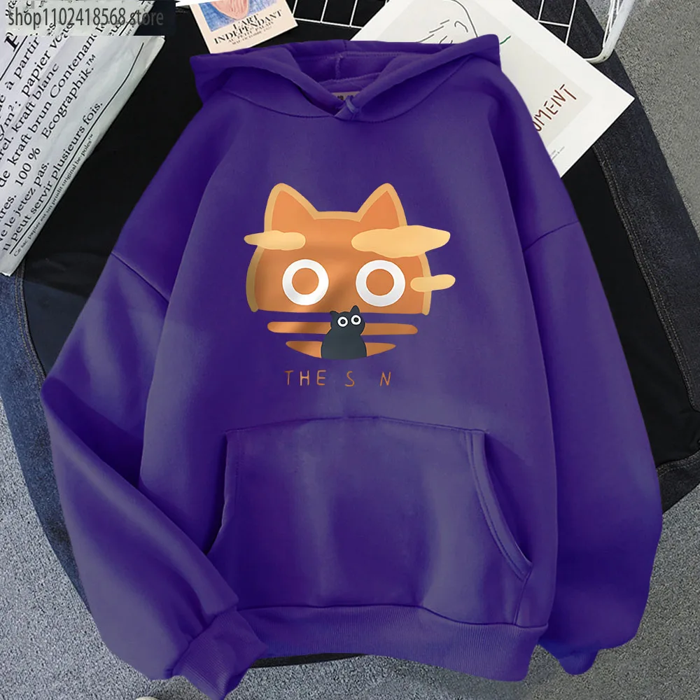 The Sun Orange Cat Graphic Hoodies Fun Long Sleeve Casual Y2k Clothes Long Sleeve Winter Fleece Tops Harajuku Men Women Pullover