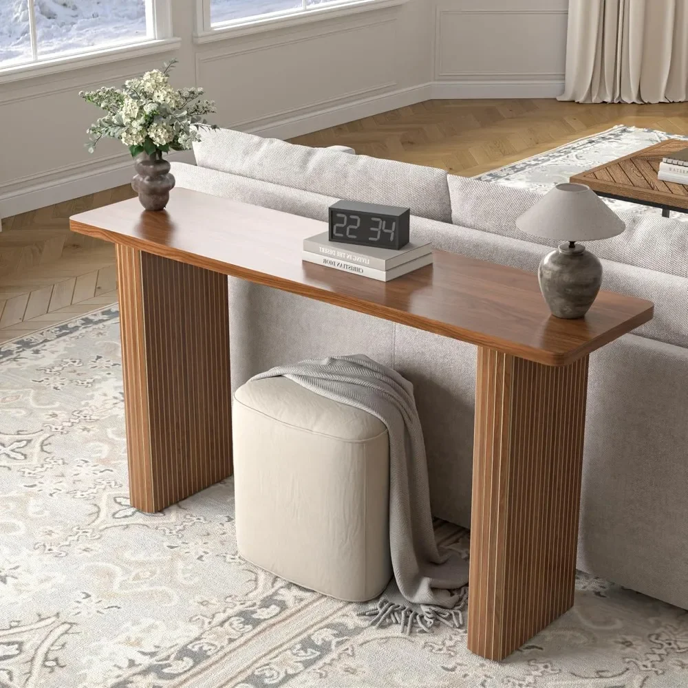 Geriffelter langer Konsolentisch 60 Zoll, Sofatisch aus Holz hinter der Couch, moderner schmaler Eingangstisch aus der Mitte des Jahrhunderts