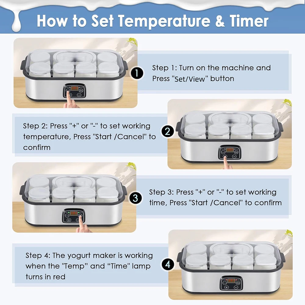 110V/220V 자동 요구르트 제조기 조절 가능한 온도 시간 요구르트 제조기 8 요구르트 항아리가있는 전문 아이스크림 푸딩 제조기