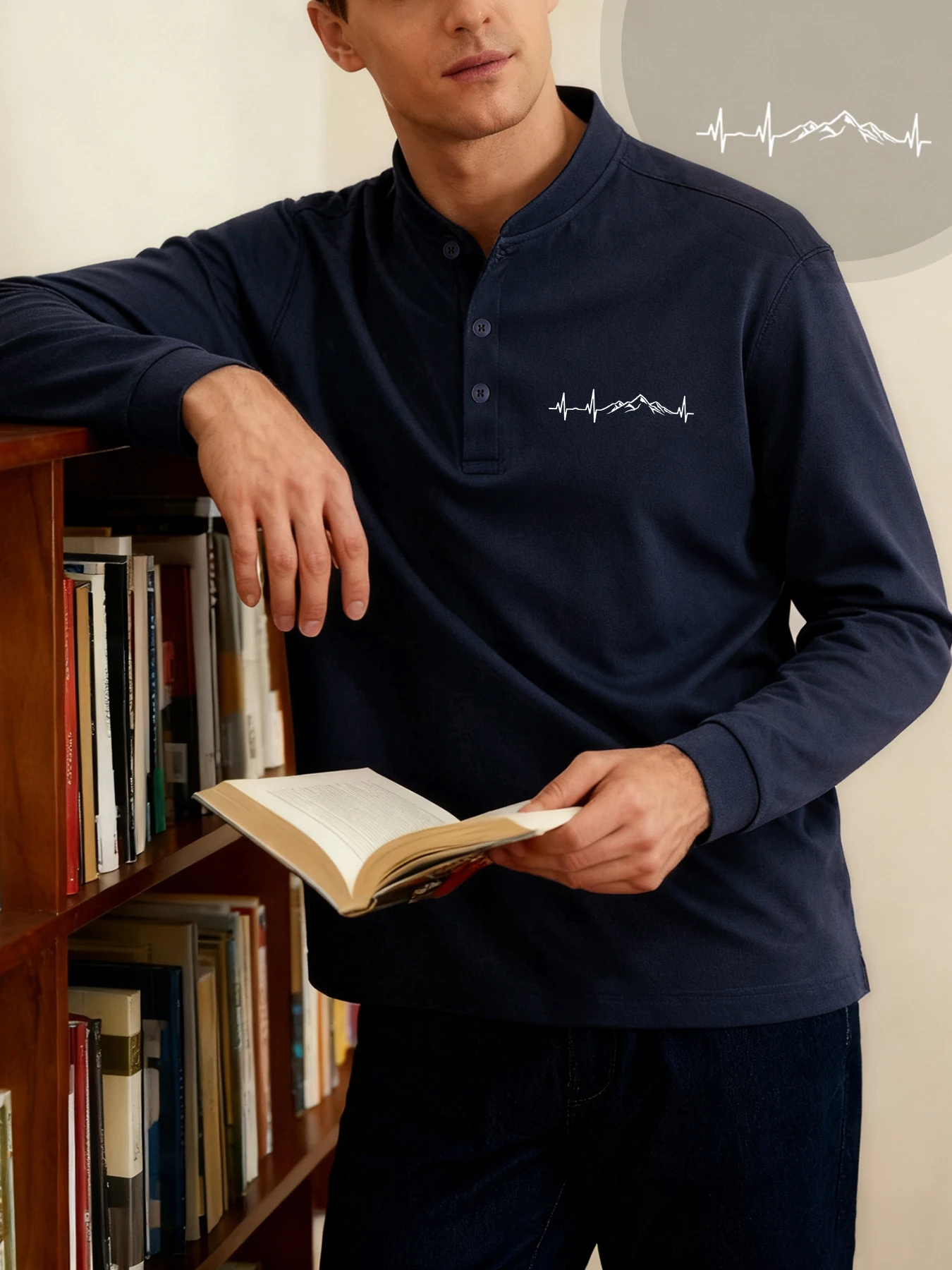 جبل نبضات القلب الإبداع يطبع رجل جديد تي شيرت عادية هينلي قميص لينة سليم الشارع الشهير الخريف الشارع كم طويل المحملة #1