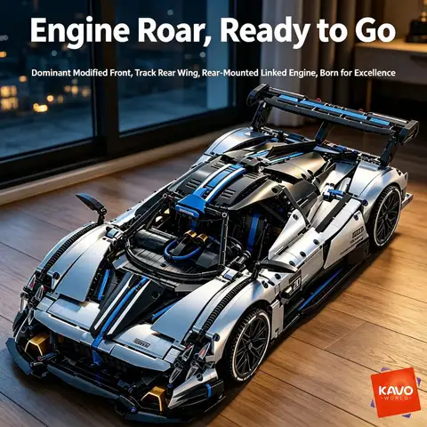 KAVOWORLD 3526pcs Silver Blue Super Sports Car Building Blocks Set 1:8 MOC DIY Assembly Race Car Model Brick STEM Construction Toy Home Decor Ornament Vehicle Display Mechanical Simulation Racing Brick Car Birthday Christmas Gift for Teens