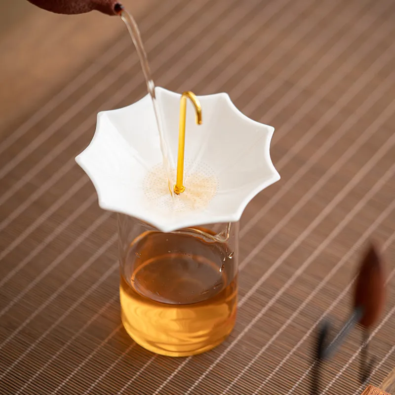 Luxury Jade White Porcelain Umbrella Tea Strainer Fine Mesh Ceramic Tea Infuser Filter with Stand | Elegant Tea Set Accessory