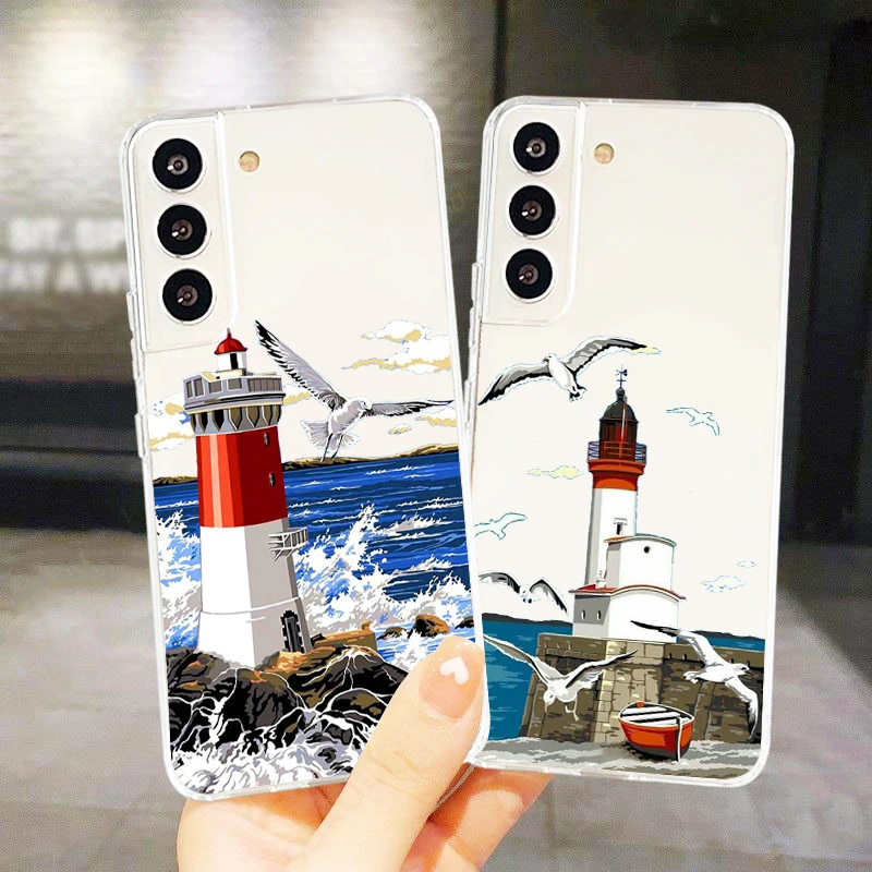 Oil painting coast with seagulls Phone Case For Samsung S23 S22 S21 S20 FE Ultra Pro Lite S10 5G S10E M52 Plus Transparent Cover