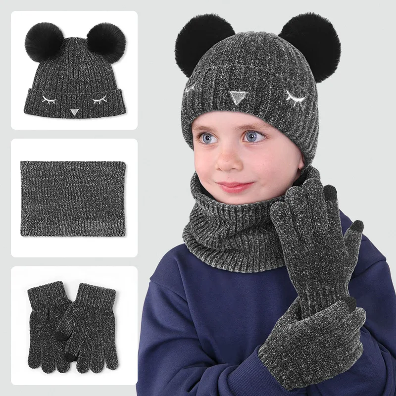 

Double RedWinter Hats Scarf for children Gloves Warm Men's Scaves and Beanie Hat Themal Gloves Set