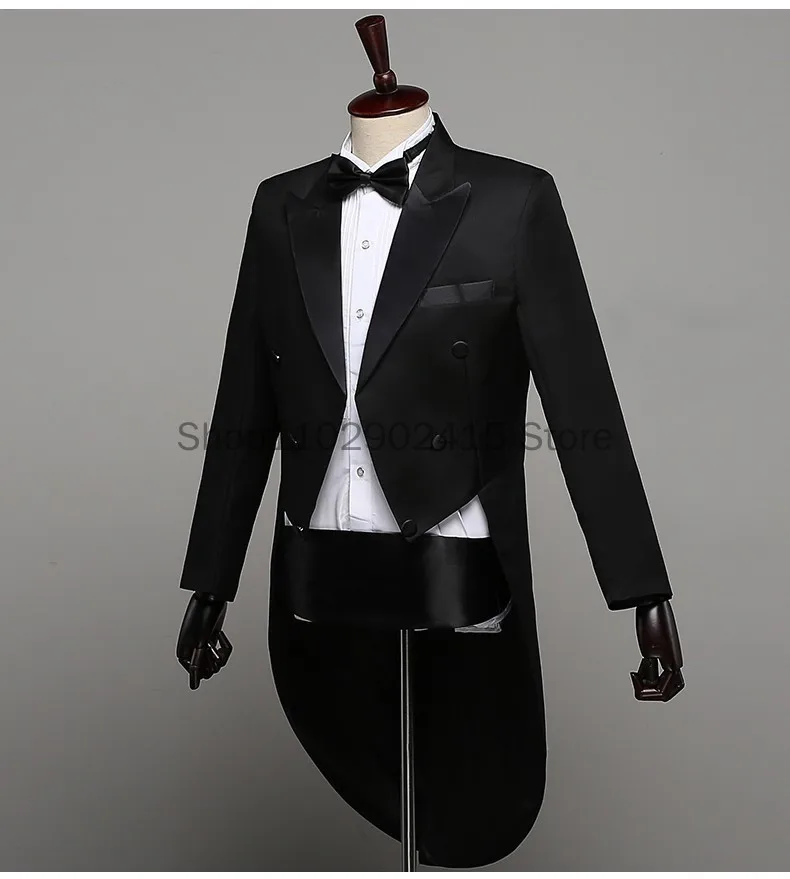 Smoking Dress Tailcoat Men Classic Black Shiny risvolto Tail Coat Tuxedo Wedding Groom Stage Singer 2 pezzi abiti Dress Coat Tails