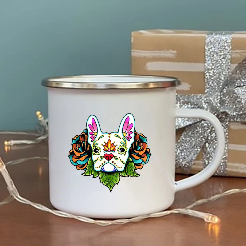 French Bulldog Print Enamel Mugs Creative Glass Coffee Juice Cup Drinks Milk Cup Vintage Mugs Handle Drinkware Housewarming Gift