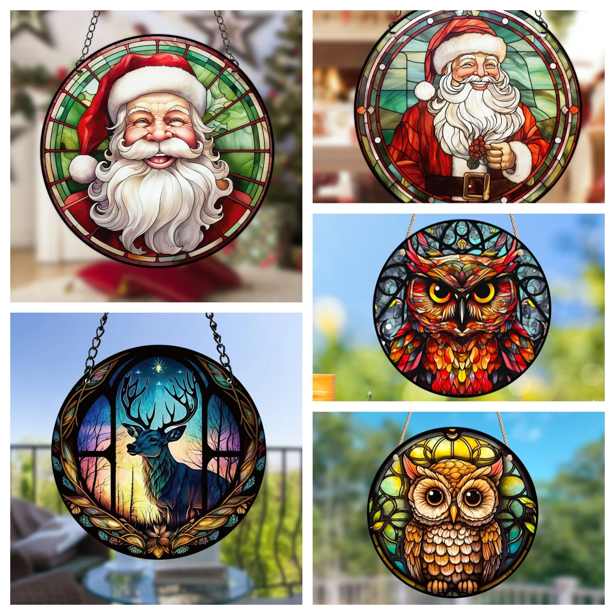 Christmas Deer/Santa Claus/Owl Round Acrylic Painted Window Decoration Wall Decoration Bedroom Living Room Office Home Decor