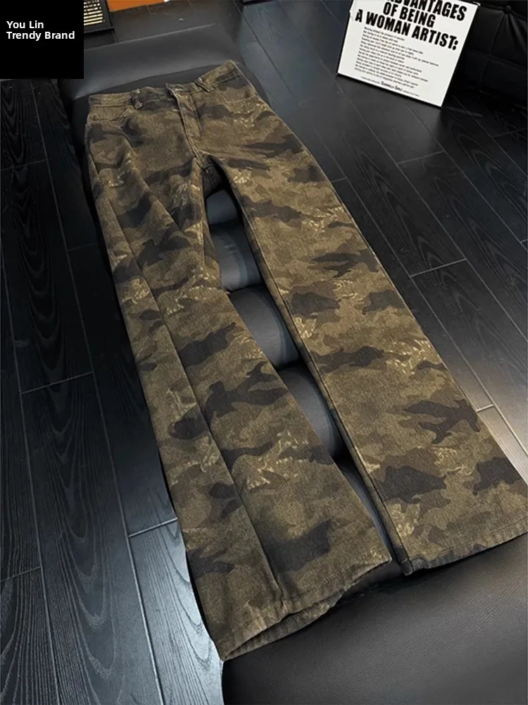 

Американские ретро-джинсы с камуфляжным принтом, мужские прямые брюки с легким клешем, зауженные рабочие джинсы для весеннего сезона