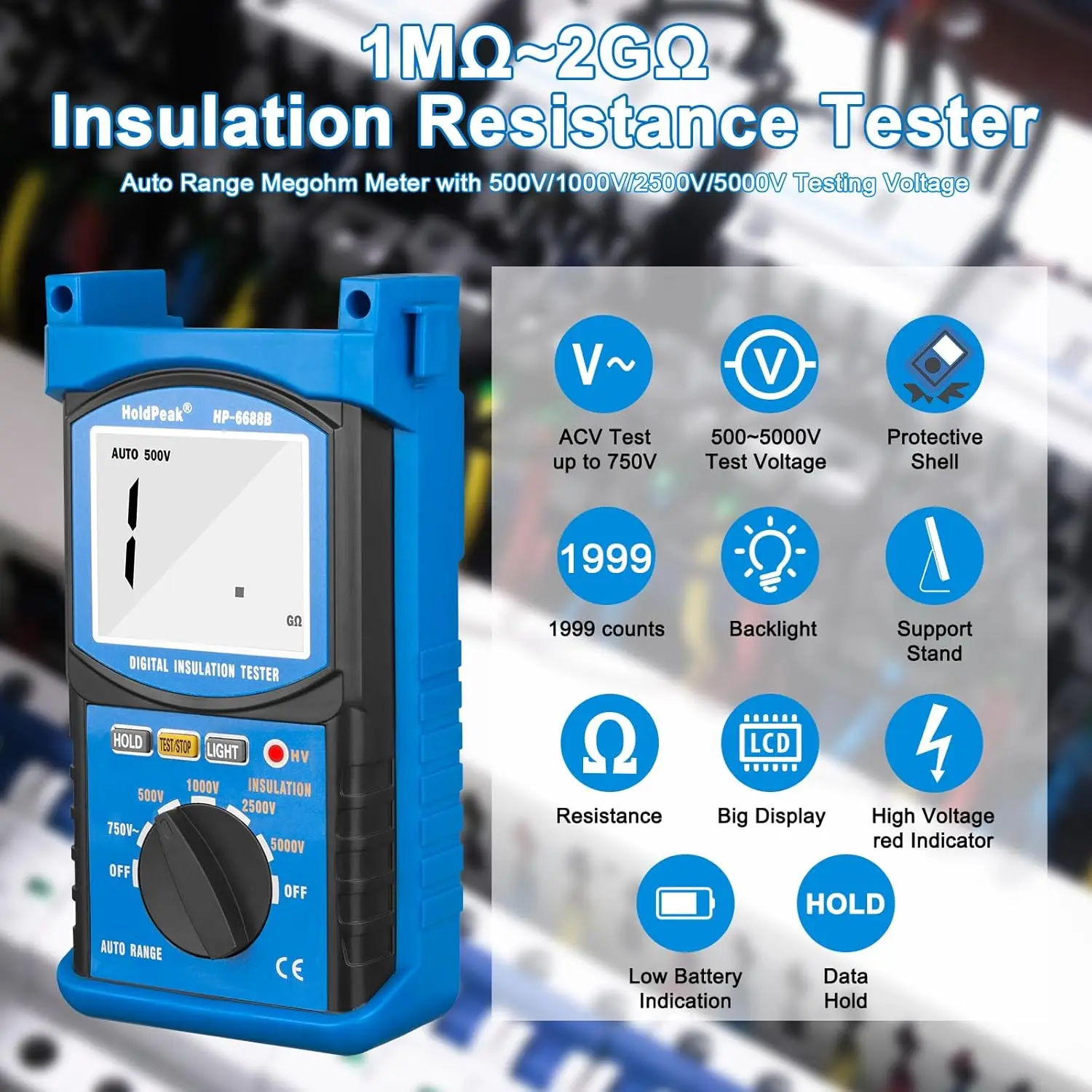 HoldPeak 6688B testeur d'isolation-5000V 200GΩ mégomètre à plage automatique avec rétroéclairage LCD, maintien des données, conception antimagnétique