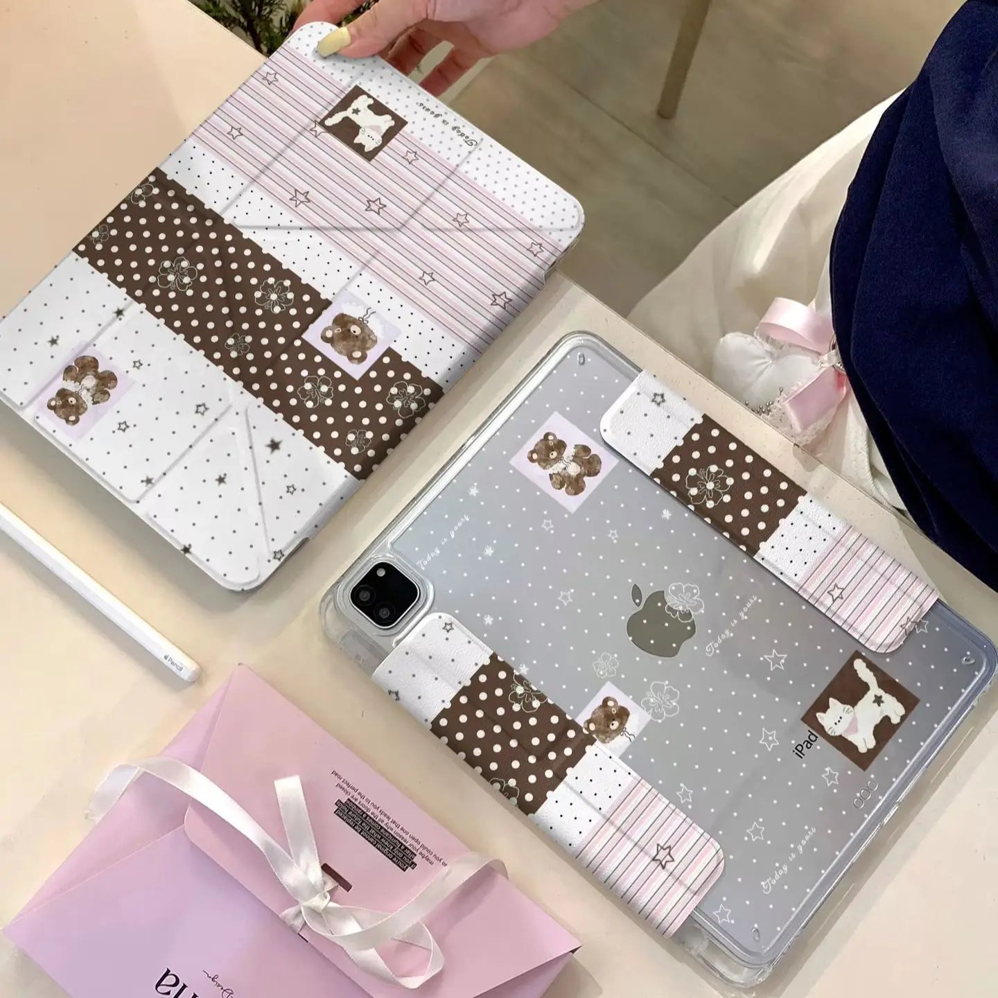 Cute Brown Bear Polka Dot Tablet Case For iPad Pro 11 12.9 13 A16 M2 M4 M3 M5 Shell 10.2 5/6/7/8/9/10/11th Mini Air 3 4 5 Cover