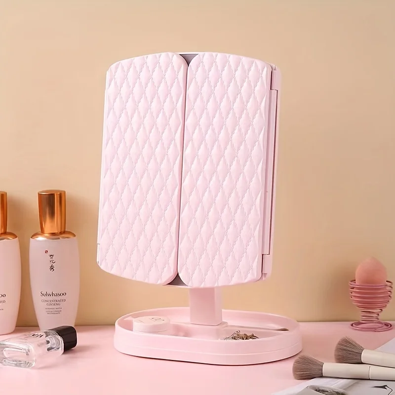 1pc Folding Vanity Mirror, LED Tri-fold Desktop Makeup Mirror With Stand,  Screen Dimming, Suitable For Makeup And Gifts