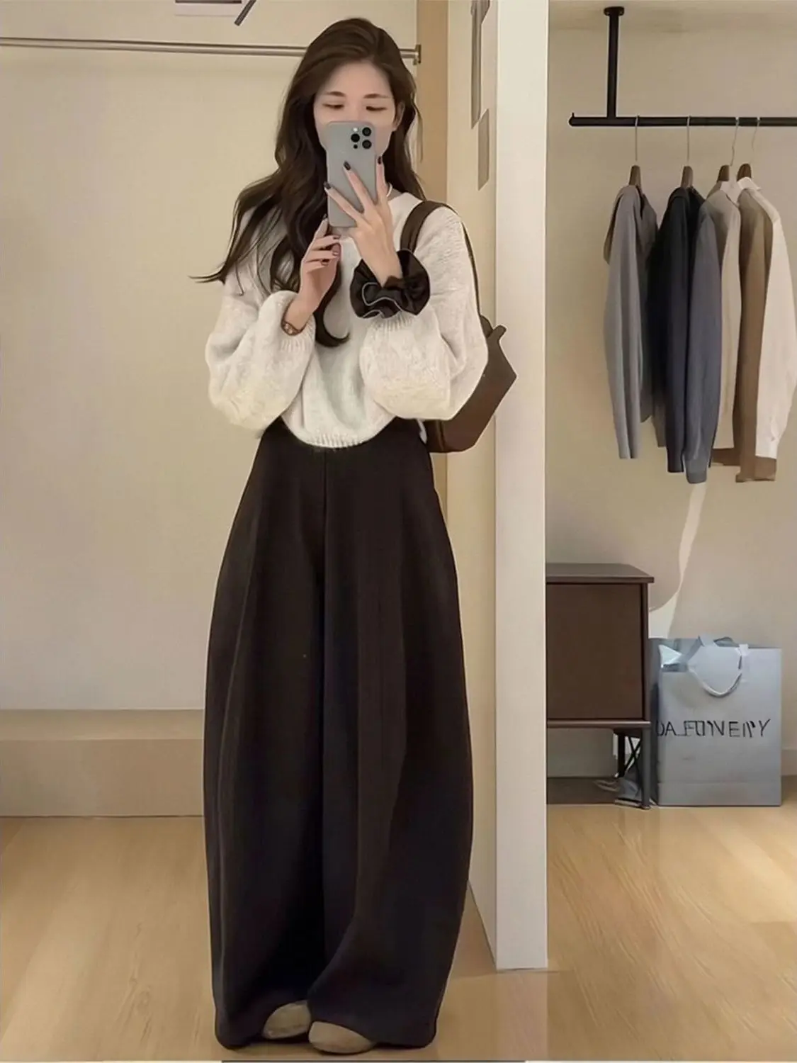 

Spring Faion Lazy Sle ort Knitted Top Wide Leg Pants Loose Feel Simple And Attractive Women's Trendy Set High Waist Lon...