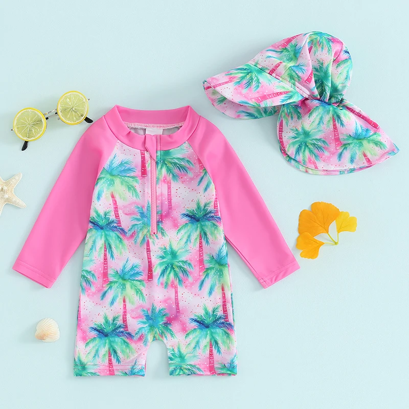 Toddler Girls Rash Guard Swimwear Long Sleeve Floral/Tropical Tree Print Zip Up Bathing Suits with Hat Baby Beachwear