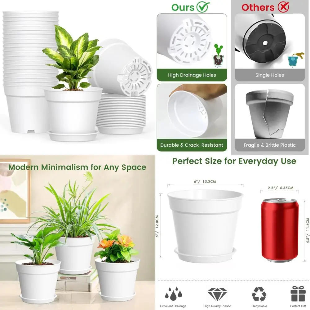 

20 упаковок 6-дюймовых горшков для растений с дренажем и блюдцами, белые пластиковые цветочные горшки для комнатных и наружных растений, штабелируемая детская комната