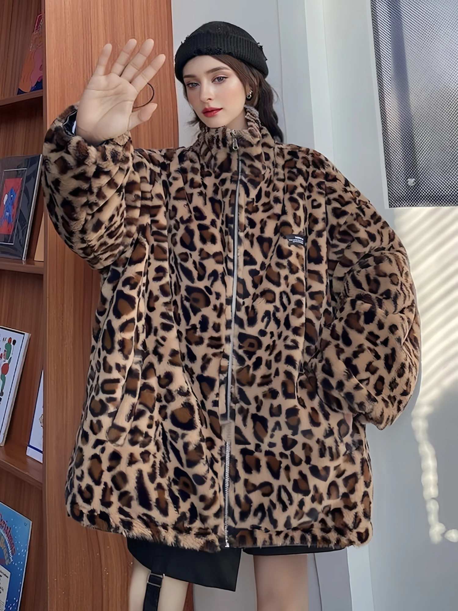 2025 패션 레오파드 자켓 느슨한 편안한 긴 소매 양면 착용 지퍼 자켓 코트 여성 가을 ​​겨울 의류