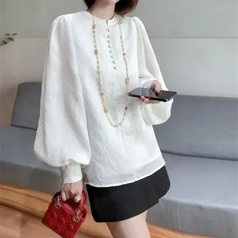 Fashion White Jacquard Shirt for Women's Stand Collor Button Elegant French Blouse Autumn Lantern Sleeve Loose Top Luxury