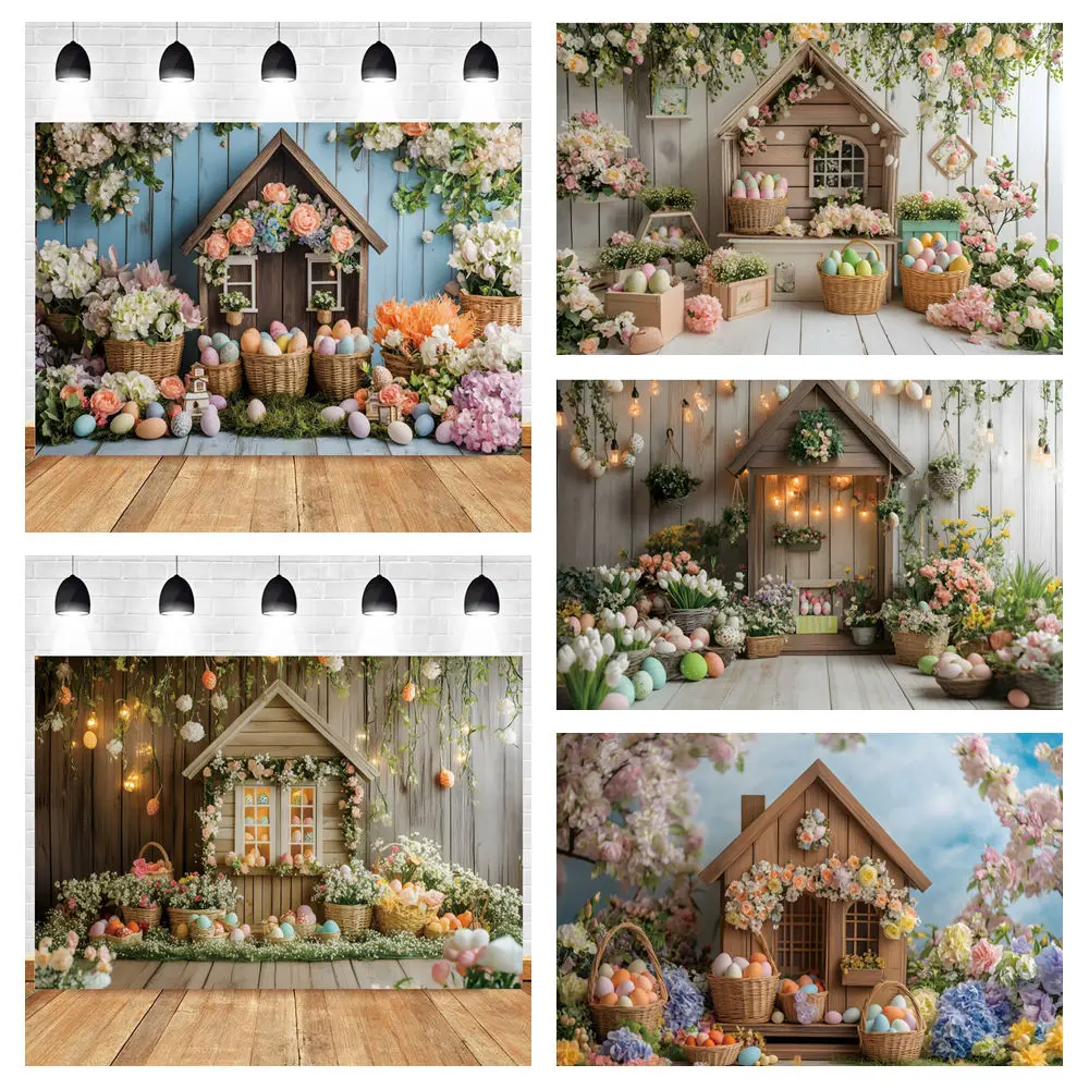 

Spring Easter Backdrop Wooden House Flowers Eggs Birthday Party Decor Kids Portrait Photography Background Photo Studio Props