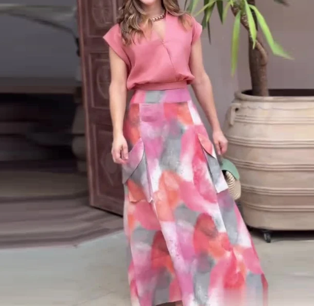 Two Piece Set Women Outfit 2024 Spring Fashion V-Neck Short Sleeved Solid Color Top & Casual Printed High Waist Long Skirt Set