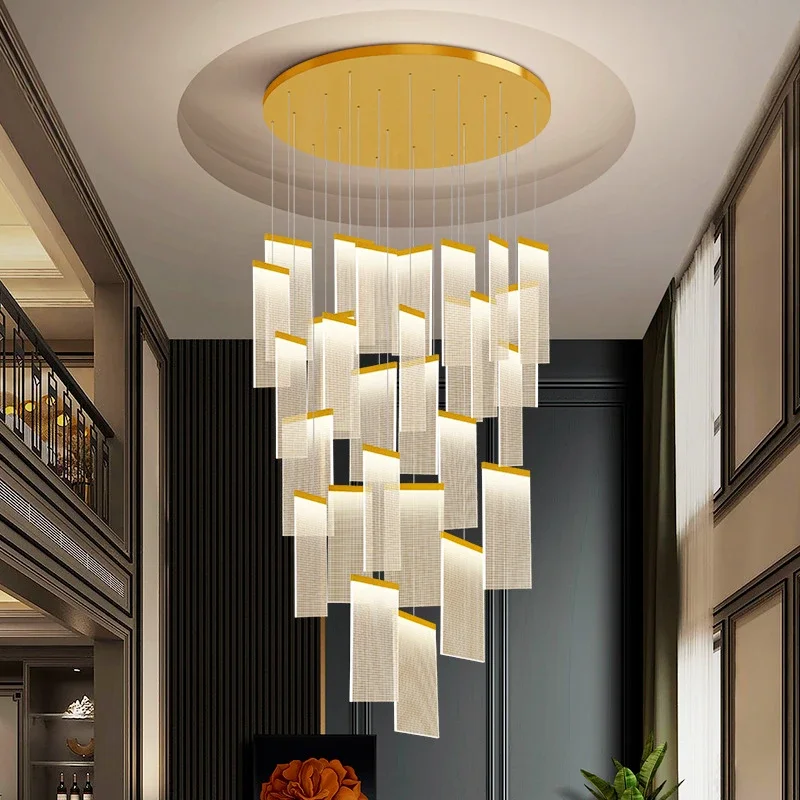 Square Acrylic Led Chandelier Luxury Hanging Light Fixture Staircase Long Hallway Villa Gold Black Home Decoration Pendant Lamps