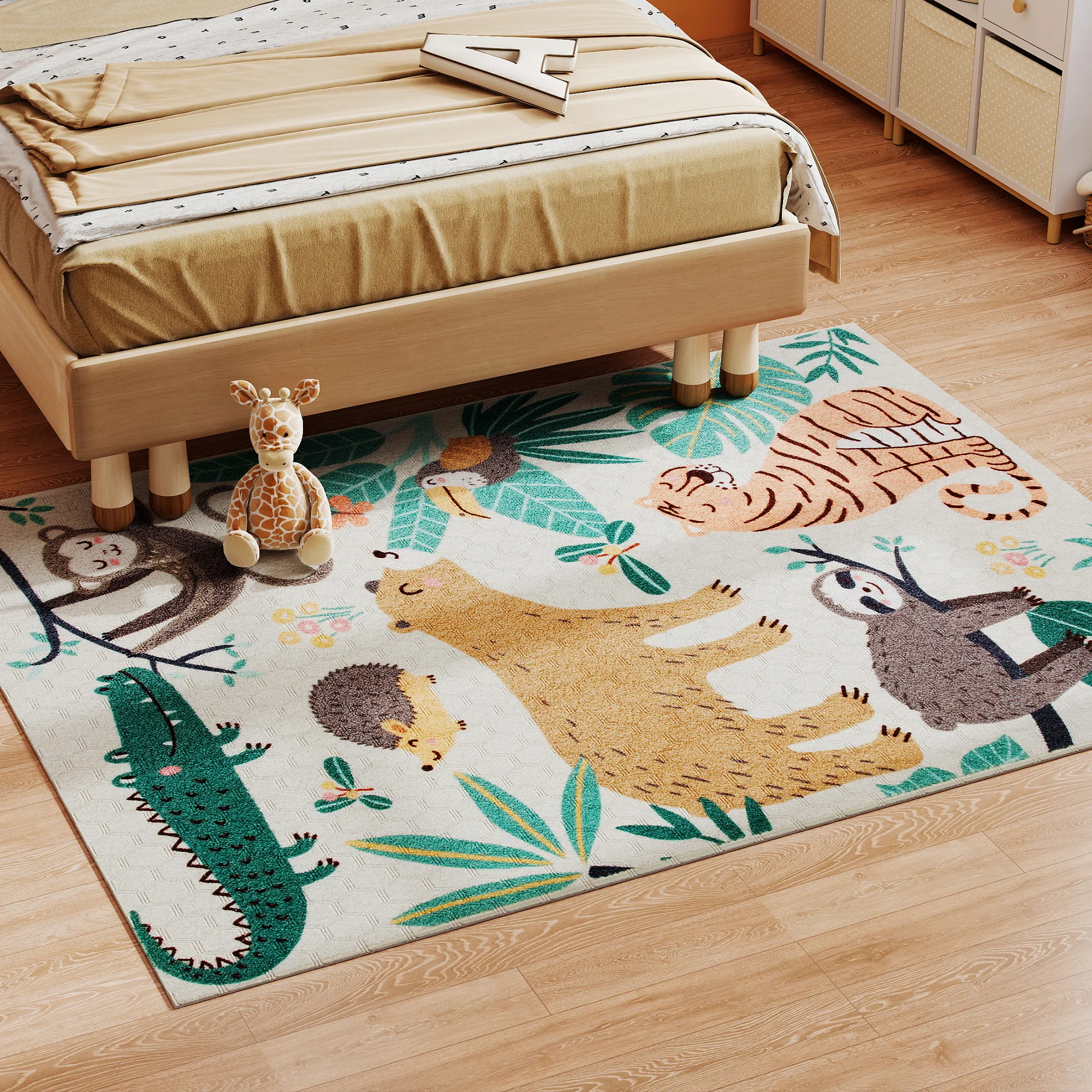 HOMCOM vloerkleed Antislip Machinewasbaar woonkamerkleed Junglepatroon Fleece Design Landhuiskleed woonkamer Patio Balkon keuken 160x120cm Meerkleurig