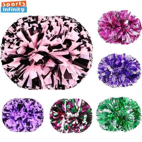Imagen 2 del producto Pompones de porristas con mango colorido, bolas de alegría grandes, pompones de baile de mano plateados, rojos, amarillos y azules, accesorios para mujeres, niñas y niños