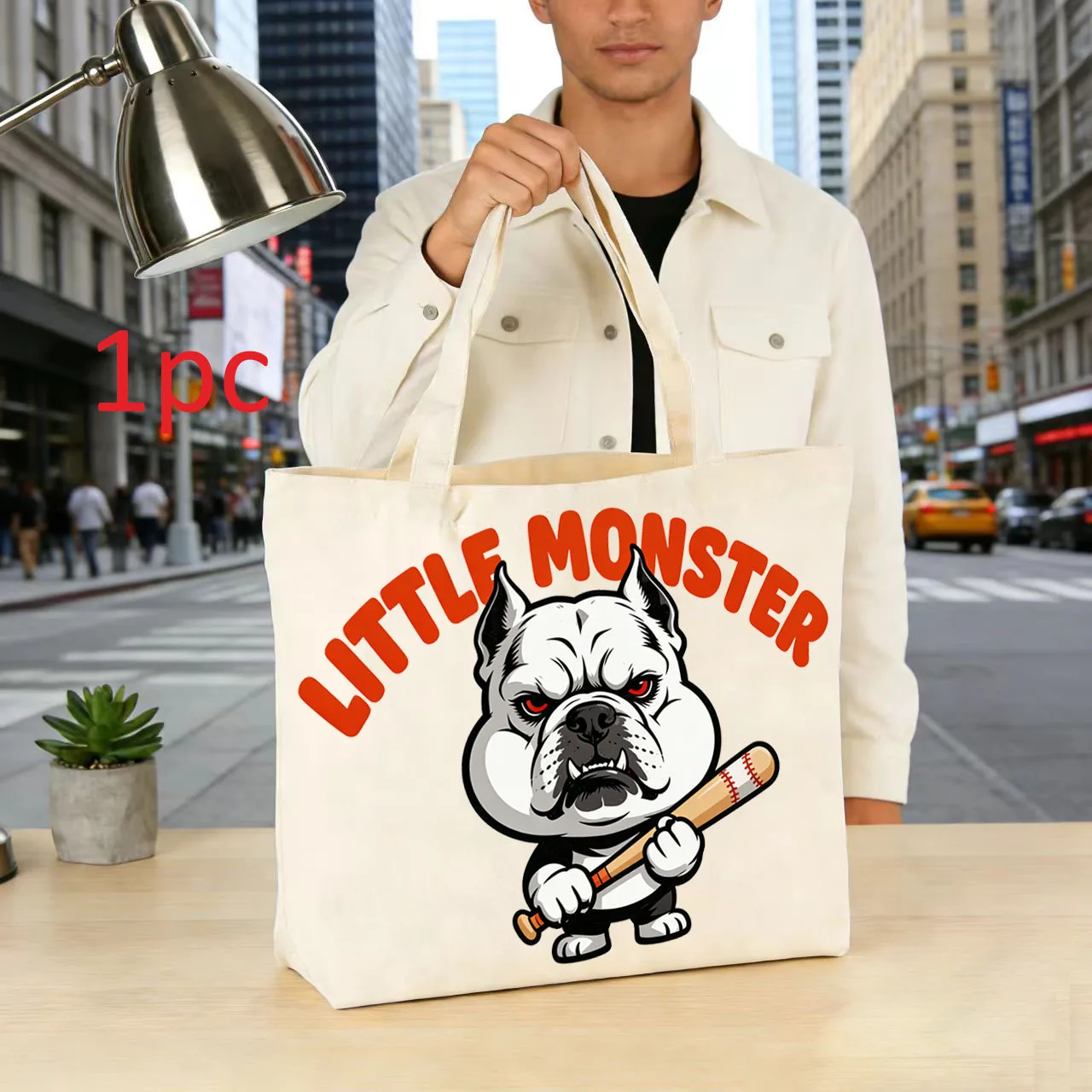 

1Pc white canvas shoulder bag, bulldog, baseball player, large capacity storage bag, portable commuting handbag