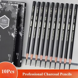 Professional Charcoal Pencils Drawing Set -10 Pieces Soft, Medium and Hard for Drawing, Sketching, Shading, Beginner Artists