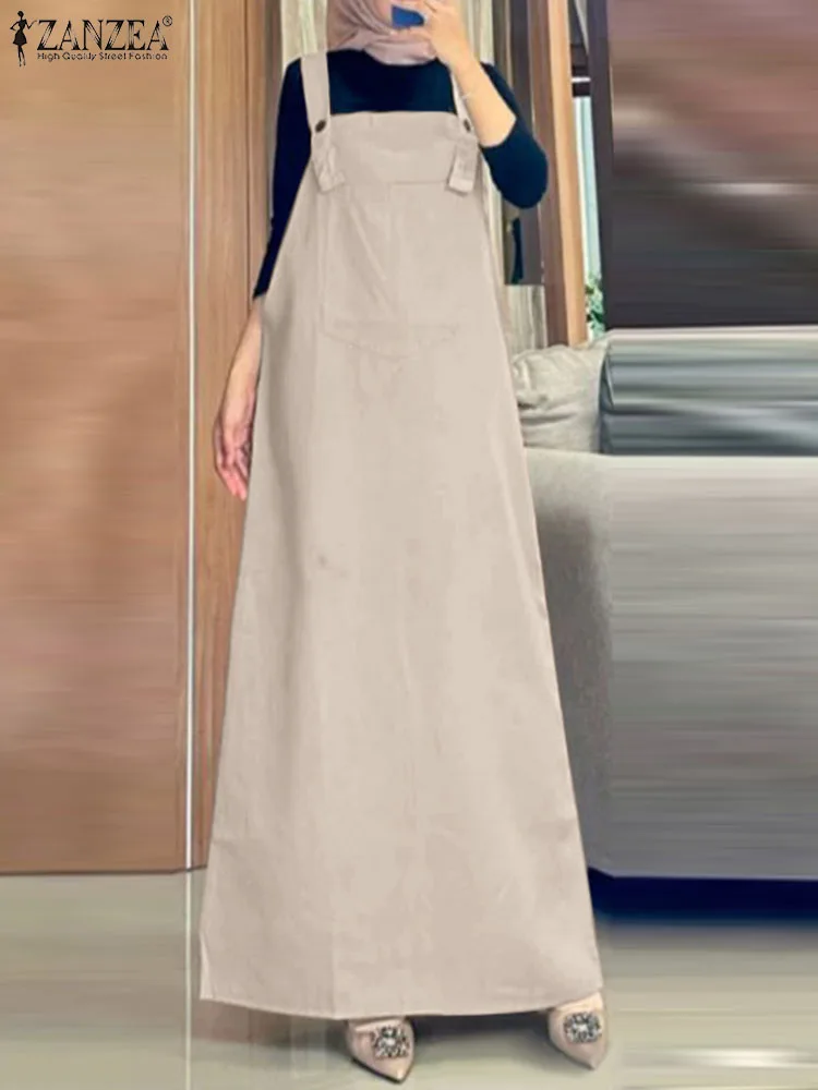 2024 ZANZEA Women Spaghetti Strap Muslim Overalls Dress Vintage Solid Abaya Marocain Sundress Eid Mubarek Hijab Islamic Clothing