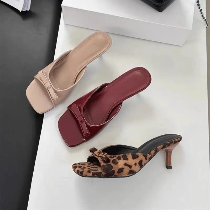 2026 New Women Square Toe High Heel Slippers Fashion Butterfly-knot Dress Shoes Summer Stripper Mules Slides Zapatos De Mujer