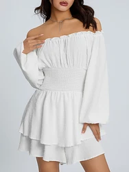 Ladies Loose Ruched Jumpsuit Summer Women Lace Boat Neck Long Sleeve Elastic Waist Flouncing Bodysuit Siamese Trousers