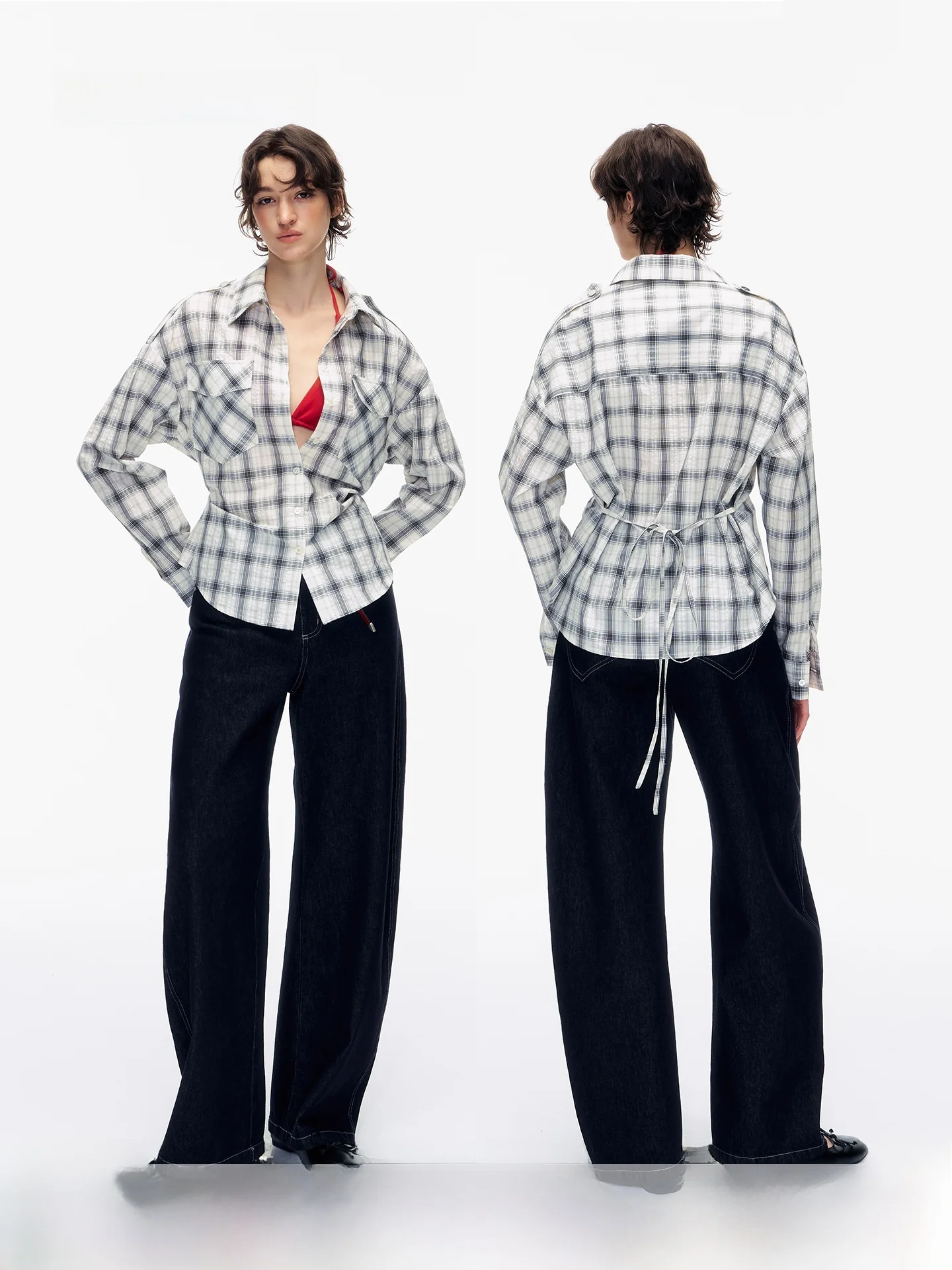 

Retro Plaid Long Sve irt Women's Waist Cinched Slim Fit Slimming Top Casual Sle Pure Cotton Thin Model Chinese Production